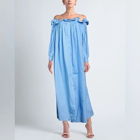 NWT AZ FACTORY+Lutz Huelle Sunset off-the-shoulder pleated cotton-poplin maxi - Picture 4 of 14